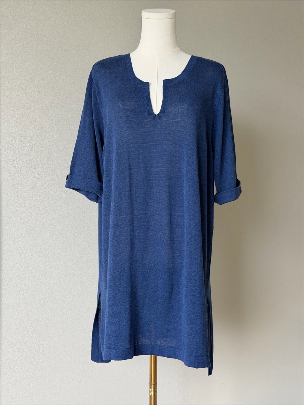 J. Jill Blue Linen Blend Split Neck Coastal Tunic Sweater - Fits Like XL/1X